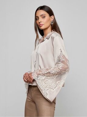 Lace-Sleeve Satin Capri Lace Sleeve Blouse Button-Down Top